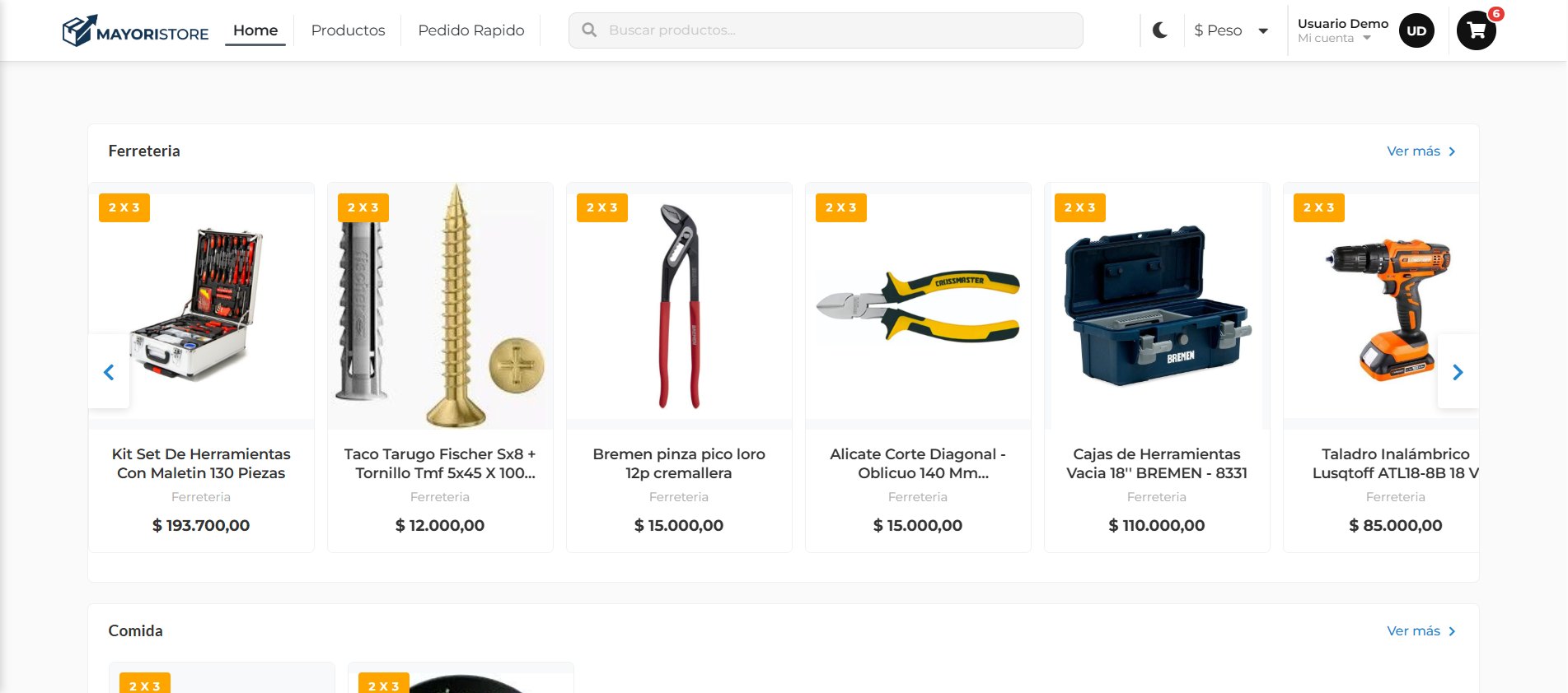 Catálogo del portal MayoriStore por categorías, con productos reales, precios por lista y promociones