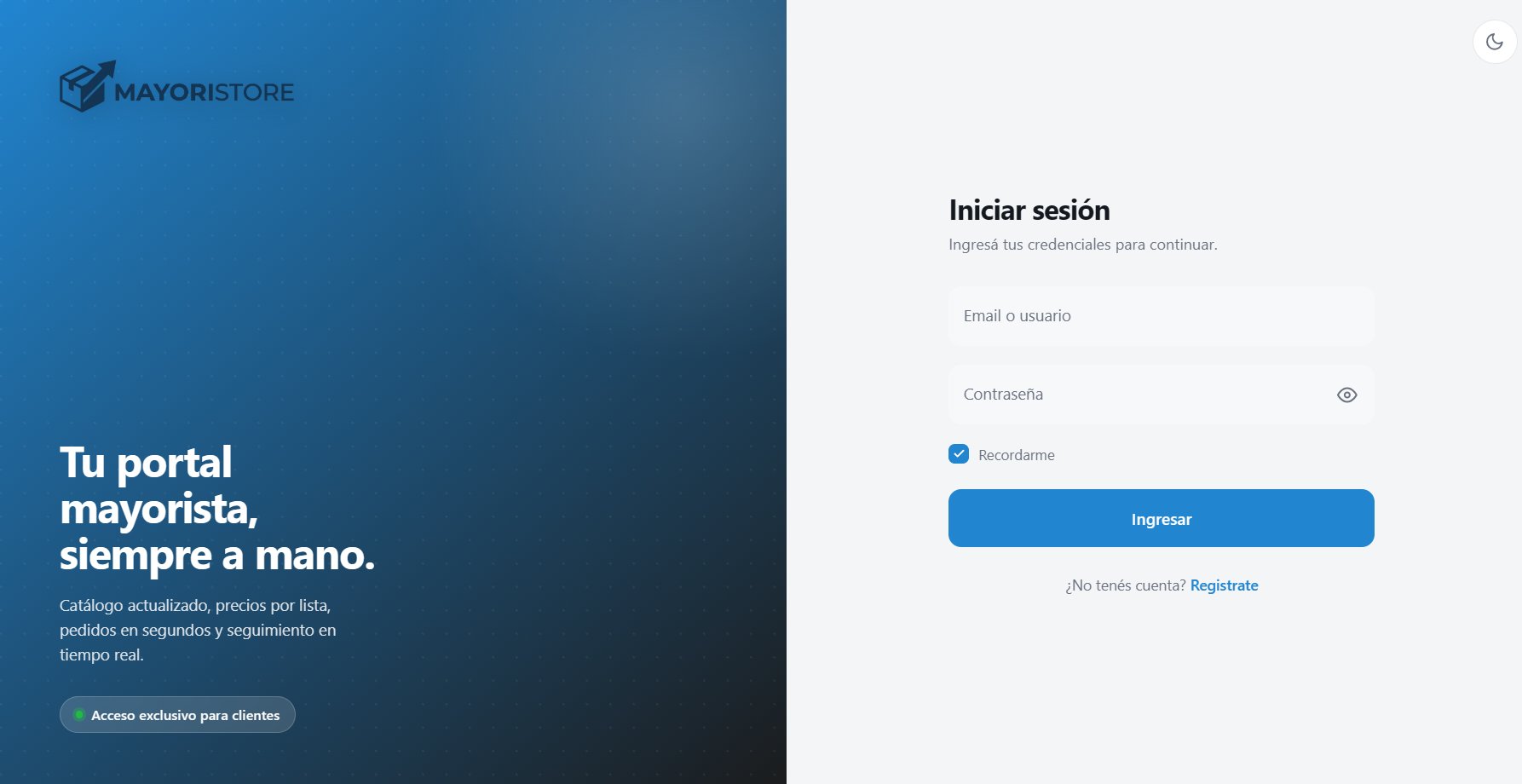 Pantalla de inicio de sesión del portal mayorista