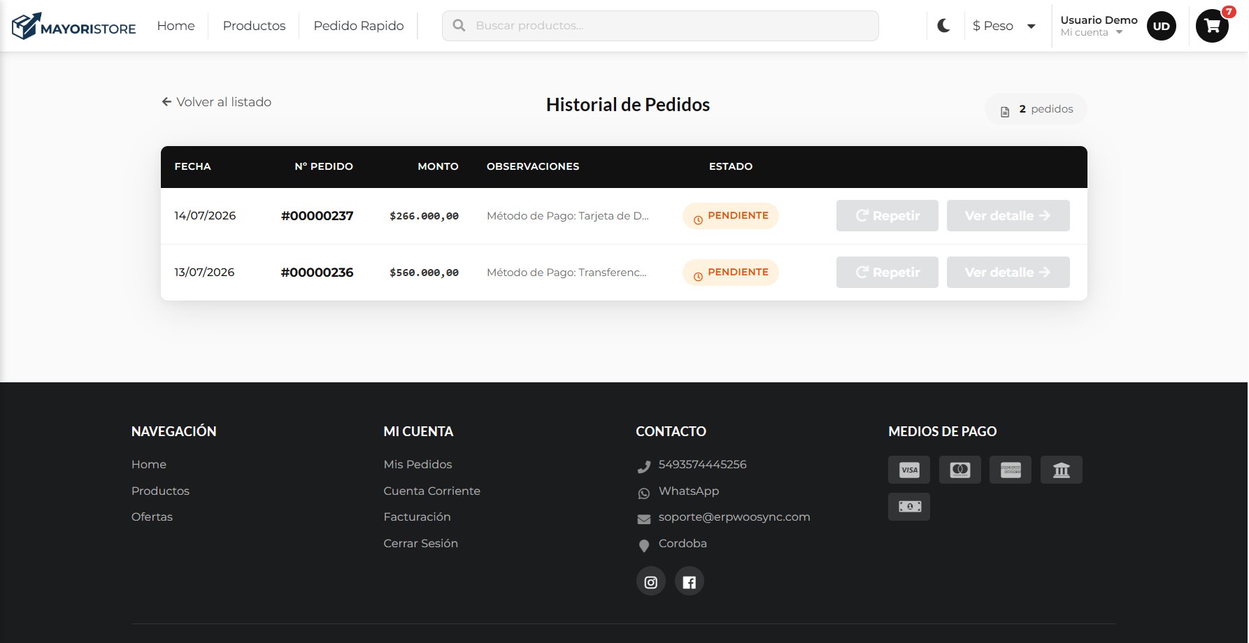 Historial de pedidos con número correlativo del ERP